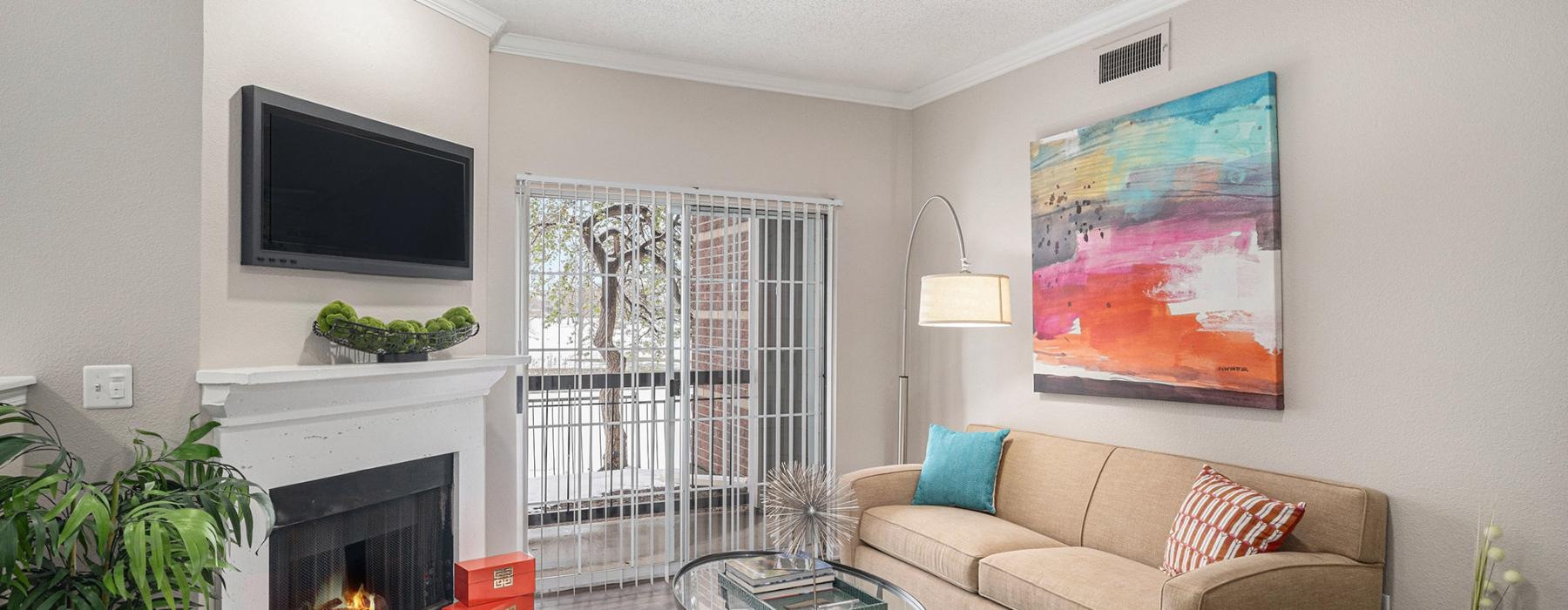 a living room with a fireplace